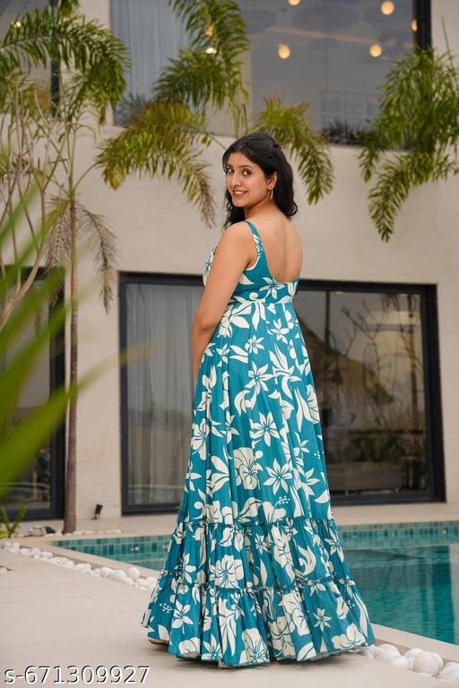 Women’s Teal Blue Floral Printed Flared Maxi Dress | Stylish Casual & Party Wear Gown - ALL 4 YOU