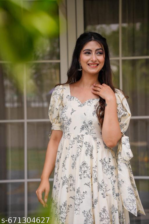 Women’s Cream Floral Printed Flared Maxi Dress | Stylish Party & Casual Wear Gown - ALL 4 YOU