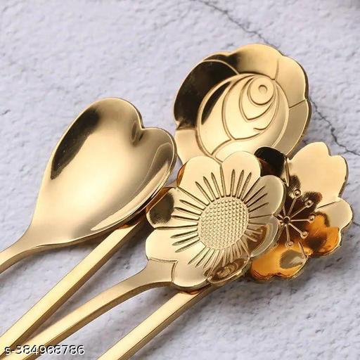 Revivo Golden Spoon Set/Coffee Spoon/Dessert Spoons/Cutlery Kitchen Tableware/Stainless Steel Gold Different Shape Coffee Spoons, Set of 4 Pcs - REVIVO
