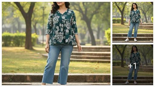 Trendy Tops & Tunics DJ Print Green V-neck Sleeve Top