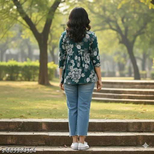 Trendy Tops & Tunics DJ Print Green V-neck Sleeve Top - Zeyoria