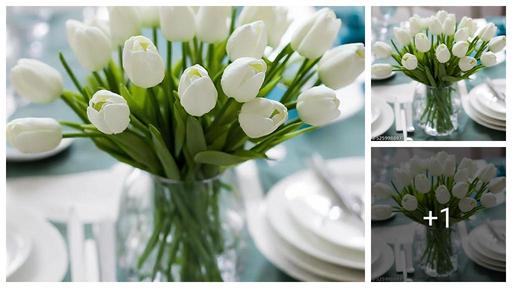 Mudmingle ( Pack Of 6 ) White Artificial Tulip Flowers in Pink Ceramic Vase with Ribbon | Faux Flower Vase for Home Decoration, Table Centerpiece, Bedroom Decor & Gifting