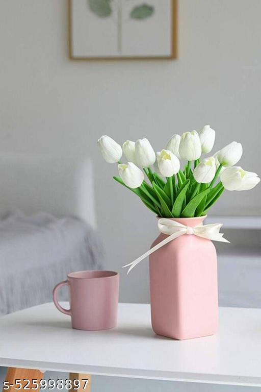 Mudmingle ( Pack Of 6 ) White Artificial Tulip Flowers in Pink Ceramic Vase with Ribbon | Faux Flower Vase for Home Decoration, Table Centerpiece, Bedroom Decor & Gifting - Zeyoria