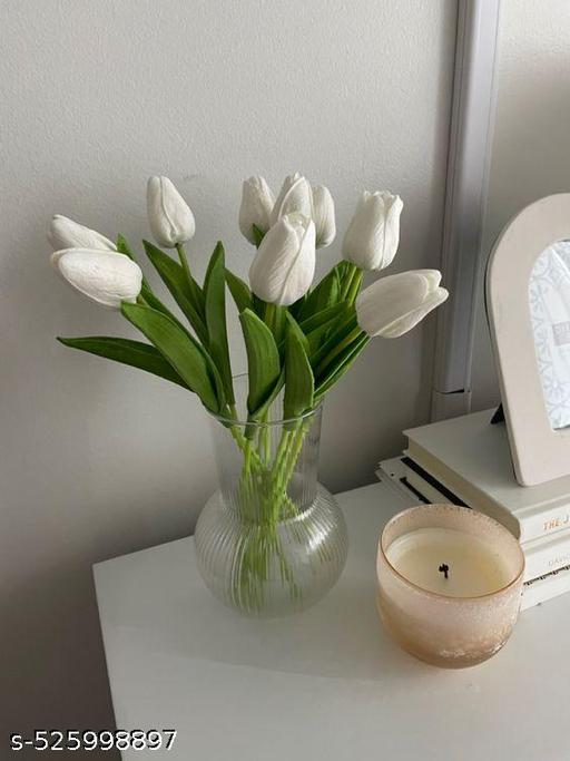 Mudmingle ( Pack Of 6 ) White Artificial Tulip Flowers in Pink Ceramic Vase with Ribbon | Faux Flower Vase for Home Decoration, Table Centerpiece, Bedroom Decor & Gifting - Zeyoria