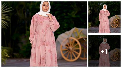 Elegant Floral Printed Button-Down Abaya Dress||front open abaya