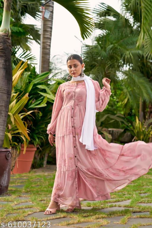 Elegant Floral Printed Button-Down Abaya Dress||front open abaya - Zeyoria