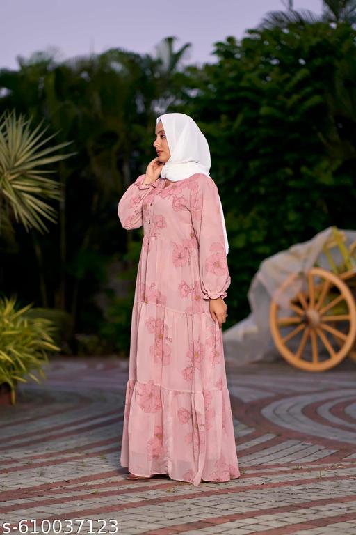 Elegant Floral Printed Button-Down Abaya Dress||front open abaya - Zeyoria