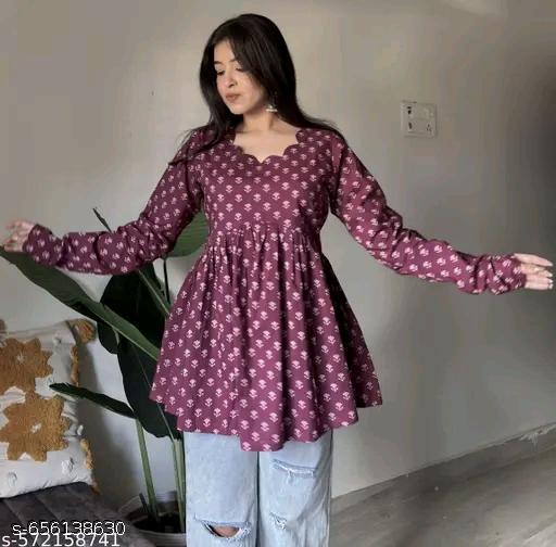 Printed Rayon fancy neck Cotton Top Short Kurti for womens Printed short top Peplum Top Short flared Tunics for womens Wine colour Short kurtis For jeans - Zeyoria