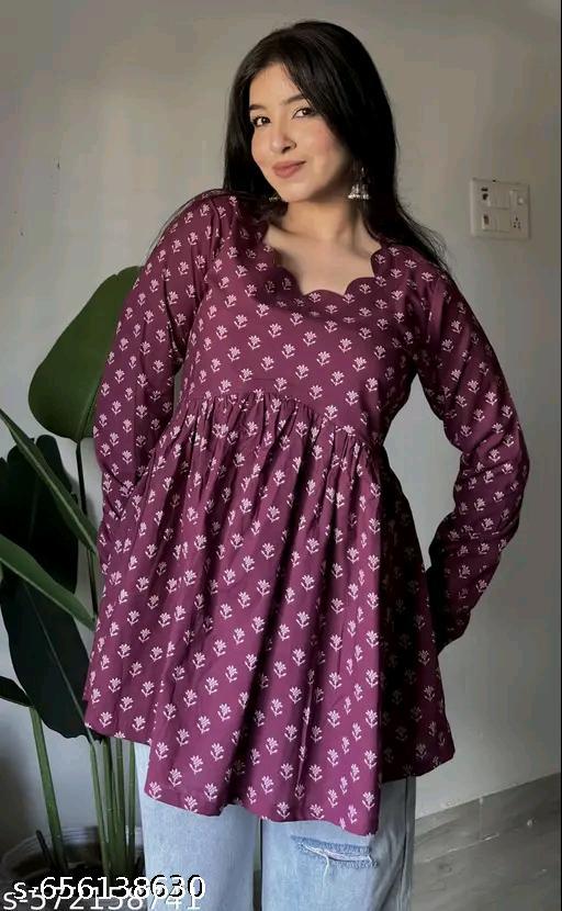 Printed Rayon fancy neck Cotton Top Short Kurti for womens Printed short top Peplum Top Short flared Tunics for womens Wine colour Short kurtis For jeans - Zeyoria