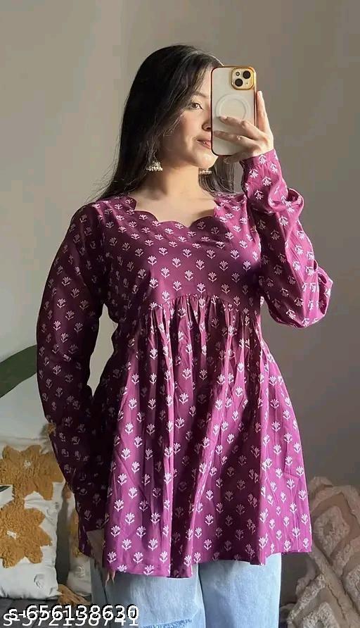 Printed Rayon fancy neck Cotton Top Short Kurti for womens Printed short top Peplum Top Short flared Tunics for womens Wine colour Short kurtis For jeans - Zeyoria