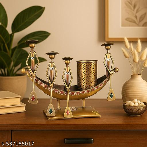 Handcrafted Kerala Boat Shaped Metal Showpiece with Pen Stand | Traditional Indian Decor | Ethnic Desk Organizer | Antique Boat Design Table Accent | Handmade Art Piece – 10x8 Inch  - Easylife
