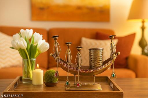 Handcrafted Kerala Boat Shaped Metal Showpiece with Pen Stand | Traditional Indian Decor | Ethnic Desk Organizer | Antique Boat Design Table Accent | Handmade Art Piece – 10x8 Inch  - Easylife