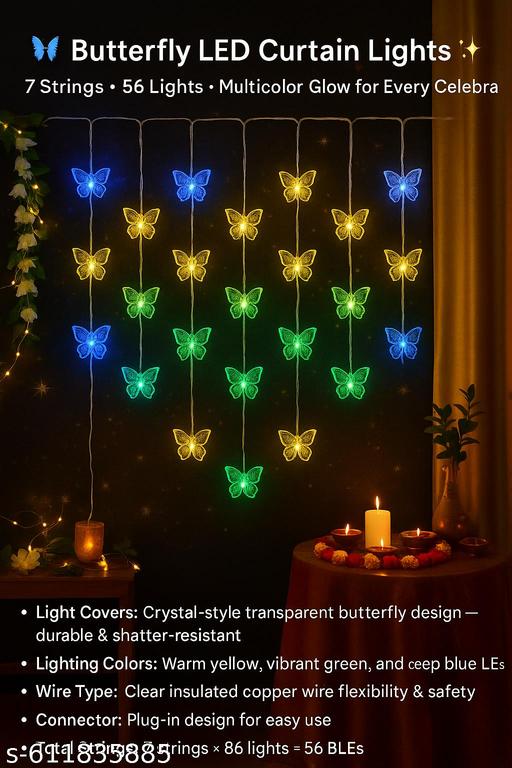 Crystal Butterfly LED Curtain Lights (56 LEDs) – Energy Efficient, Transparent Wire, Plug-in Design - Easylife