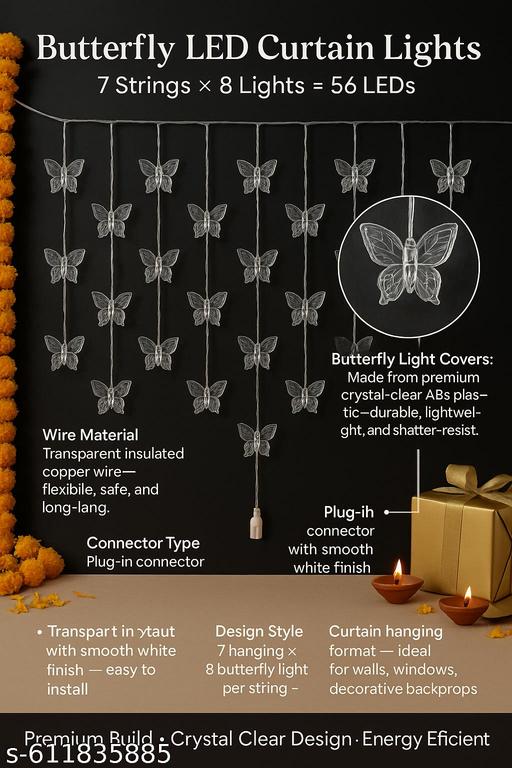Crystal Butterfly LED Curtain Lights (56 LEDs) – Energy Efficient, Transparent Wire, Plug-in Design - Easylife