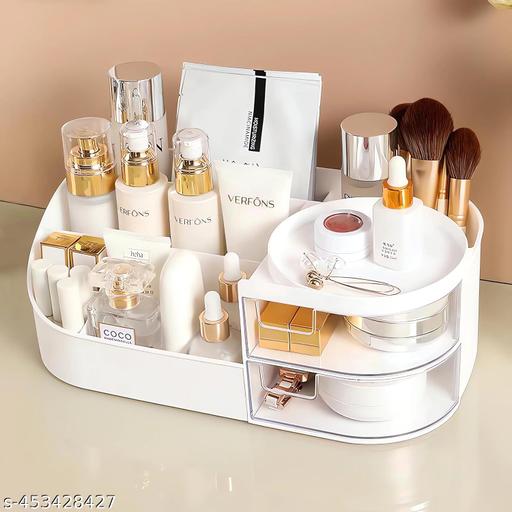 Makeup Organizer | Makeup Box For Storage | Make Up, Cosmetic, Skincare Organiser For Women | Elegant Makeup Vanity With Transparent Drawer (White) - Easylife