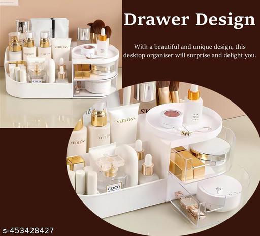 Makeup Organizer | Makeup Box For Storage | Make Up, Cosmetic, Skincare Organiser For Women | Elegant Makeup Vanity With Transparent Drawer (White) - Easylife