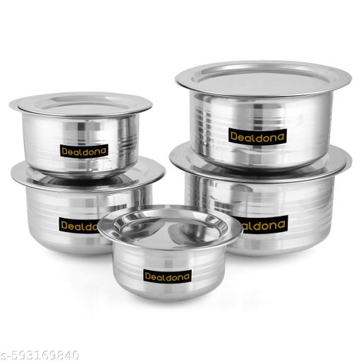 Stainless Steel Patila Tope Set With Lid Handi Milk Storage Tapeli Tapela Serving Set Cookware - Pot 20 cm, 18 cm, 16 cm, 14 cm, 12 cm diameter 2000 ML, 1500 ML, 1000ML, 750 ML & 500 ML capacity with Lid (Stainless Steel) - Easylife