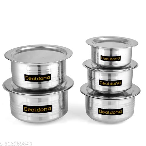 Stainless Steel Patila Tope Set With Lid Handi Milk Storage Tapeli Tapela Serving Set Cookware - Pot 20 cm, 18 cm, 16 cm, 14 cm, 12 cm diameter 2000 ML, 1500 ML, 1000ML, 750 ML & 500 ML capacity with Lid (Stainless Steel) - Easylife