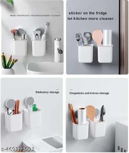 (2 PCS COMBO) Self Adhesive Wall Mounted Plastic Toothbrush Holder, Storage Organizer  - nicecart