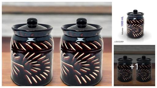 Ceramic Pickle Jars 1000mL (Set of 1) | Traditional 1Kg Pottery Pickle storage jars Black & Floral Cutting | Ceramic storage Jar with Lid | Ceramic Achaar Martban | Ceramic Jars for Kitchen, Ideal for Jam, Beans, salt, spices, Pickle, Dry Fruit.