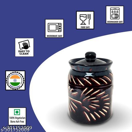 Ceramic Pickle Jars 1000mL (Set of 1) | Traditional 1Kg Pottery Pickle storage jars Black & Floral Cutting | Ceramic storage Jar with Lid | Ceramic Achaar Martban | Ceramic Jars for Kitchen, Ideal for Jam, Beans, salt, spices, Pickle, Dry Fruit. - Anshi Bazzar