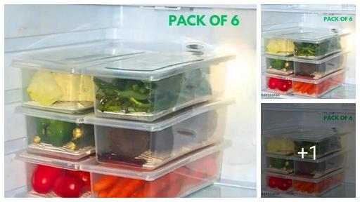 Fridge Storage Boxes Set of 6 Fridge Organizer with Removable Drain Plate and Lid Stackable Fridge Storage Containers Plastic Freezer Storage Containers for Fish, Meat, Vegetables, Fruits(1500ML)