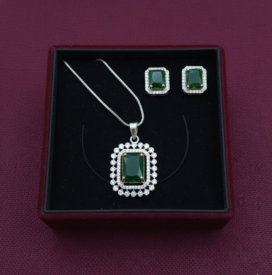 AD Diamond Pendent Set Square Shape Green for Women and Girls Stylish