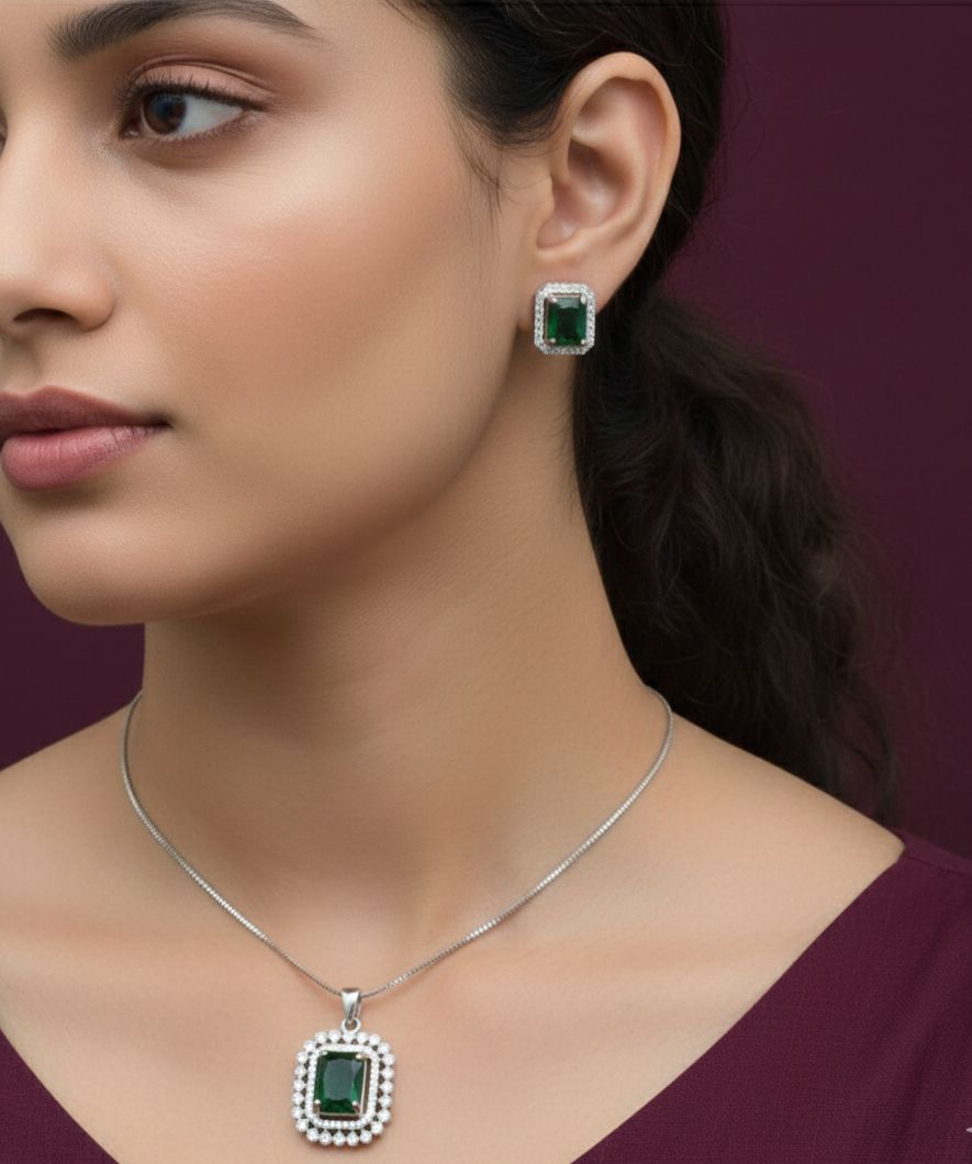AD Diamond Pendent Set Square Shape Green for Women and Girls Stylish - Savéra collection