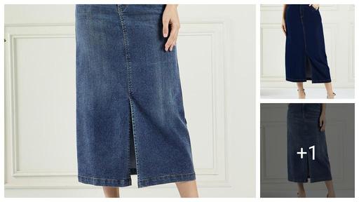 Women Solid A-Line Denim Skirt With Front Slit
