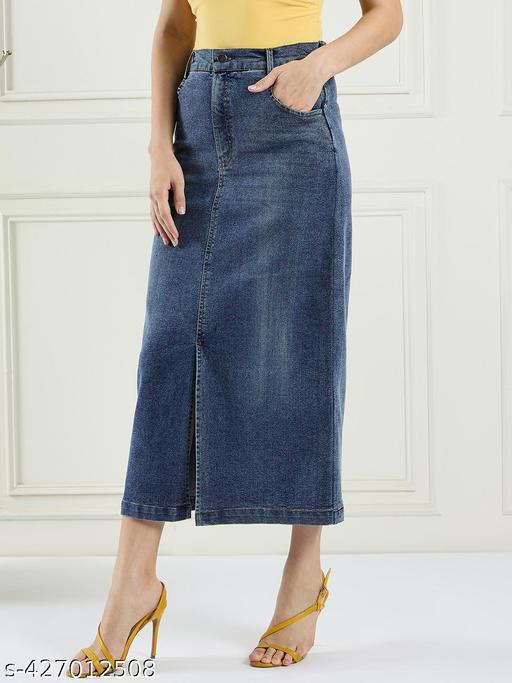 Women Solid A-Line Denim Skirt With Front Slit - Zeyoria