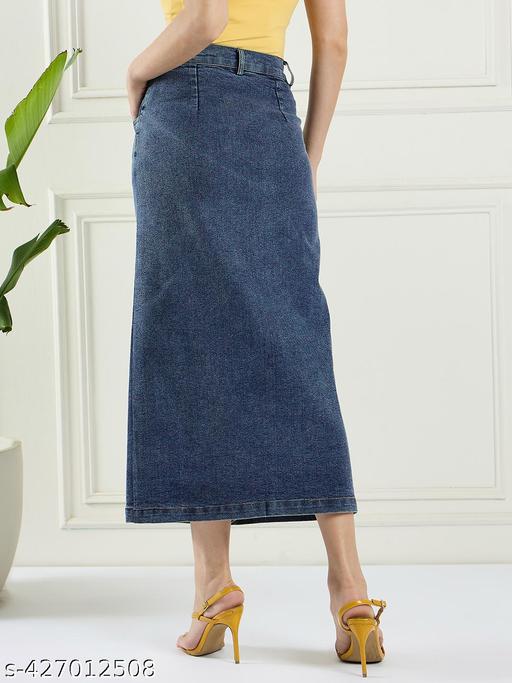 Women Solid A-Line Denim Skirt With Front Slit - Zeyoria