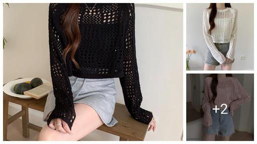 Long-Sleeve Round Neck Plain Perforated Knit Top