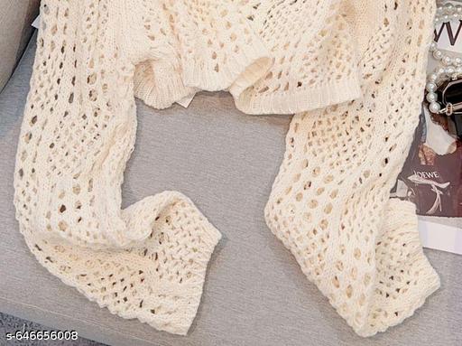 Long-Sleeve Round Neck Plain Perforated Knit Top - Zeyoria