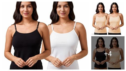 Women's Cotton Camisole Combo Pack of 2 | Adjustable Strap Slips for Women | Innerwear Shimmy for Dresses & Kurtis | Black & White Set