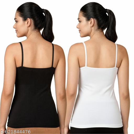 Women's Cotton Camisole Combo Pack of 2 | Adjustable Strap Slips for Women | Innerwear Shimmy for Dresses & Kurtis | Black & White Set - Zeyoria
