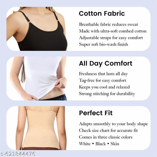 Women's Cotton Camisole Combo Pack of 2 | Adjustable Strap Slips for Women | Innerwear Shimmy for Dresses & Kurtis | Black & White Set - Zeyoria