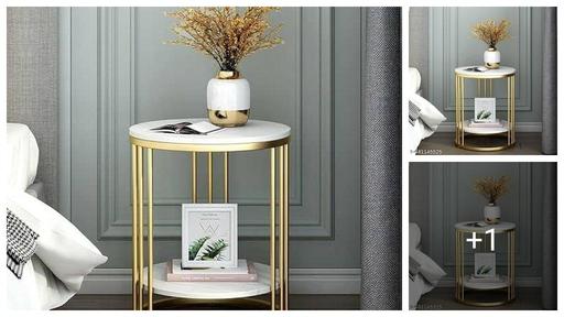 CRAFTB DECOR Modern Round Side Table, Coffee Table, End Table, Marble Pattern Wooden Top and Metal Frame | 9 Pipe (Golden White)