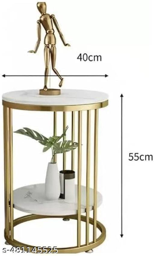 CRAFTB DECOR Modern Round Side Table, Coffee Table, End Table, Marble Pattern Wooden Top and Metal Frame | 9 Pipe (Golden White) - Zeyoria