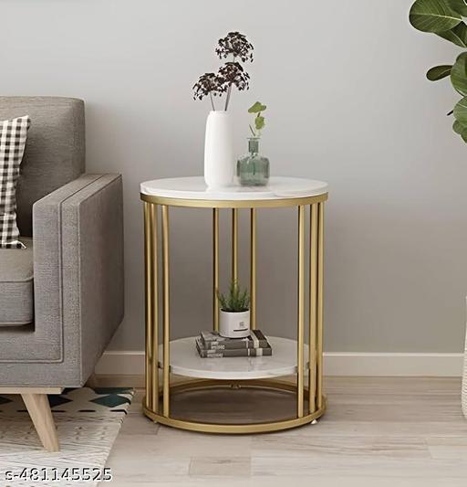 CRAFTB DECOR Modern Round Side Table, Coffee Table, End Table, Marble Pattern Wooden Top and Metal Frame | 9 Pipe (Golden White) - Zeyoria