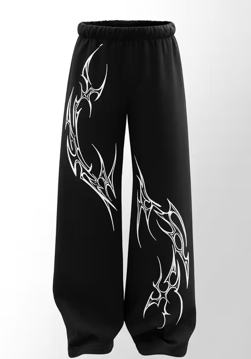 Black Tribal Flame Joggers – Curved Abstract Flame Graphic, Modern Fit