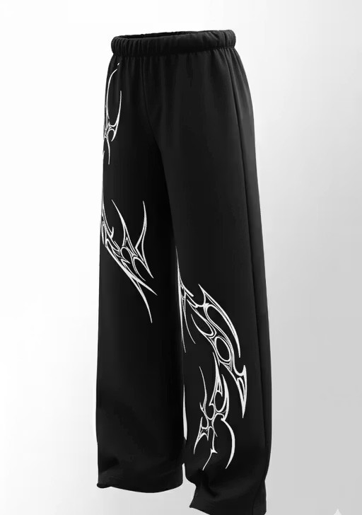 Black Tribal Flame Joggers – Curved Abstract Flame Graphic, Modern Fit - YOOFIND