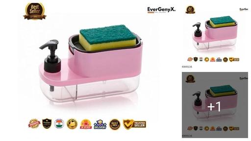 EverGenyX 3 in 1 Liquid Soap Dispenser for Wash Basin kitchen bathroom with 450 ml Dishwash Liquid holder , Sanitizer Stand & sponge holder with 200 ml Handwash Liquid holder &, Shampoo, Soap, Lotion Dispenser, WOMEN FIRST CHOICE (PINK) PACK OF 1 & SPONGE FREE
