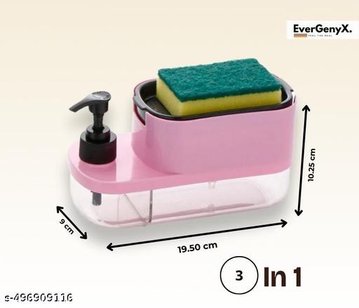 EverGenyX 3 in 1 Liquid Soap Dispenser for Wash Basin kitchen bathroom with 450 ml Dishwash Liquid holder , Sanitizer Stand & sponge holder with 200 ml Handwash Liquid holder &, Shampoo, Soap, Lotion Dispenser, WOMEN FIRST CHOICE (PINK) PACK OF 1 & SPONGE FREE - HOME SHOPY