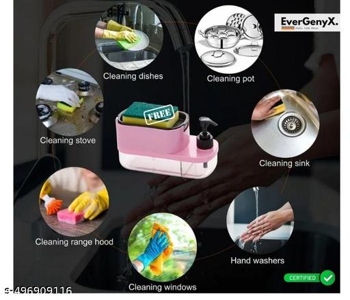 EverGenyX 3 in 1 Liquid Soap Dispenser for Wash Basin kitchen bathroom with 450 ml Dishwash Liquid holder , Sanitizer Stand & sponge holder with 200 ml Handwash Liquid holder &, Shampoo, Soap, Lotion Dispenser, WOMEN FIRST CHOICE (PINK) PACK OF 1 & SPONGE FREE - HOME SHOPY