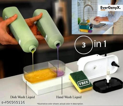 EverGenyX 3 in 1 Liquid Soap Dispenser for Wash Basin kitchen bathroom with 450 ml Dishwash Liquid holder , Sanitizer Stand & sponge holder with 200 ml Handwash Liquid holder &, Shampoo, Soap, Lotion Dispenser, WOMEN FIRST CHOICE (PINK) PACK OF 1 & SPONGE FREE - HOME SHOPY