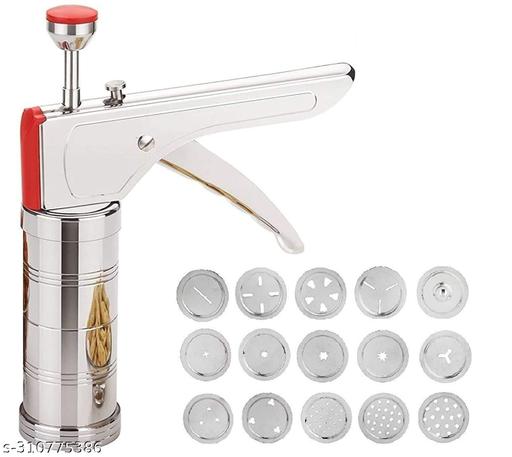 SHIVALIK Stainless Steel Kitchen Press with 15 Different Types of Jalies, Murukku Maker/Bhujiya Maker/Noodles/Cookies/Namkeen/Chakali Maker/Sev Maker/Farsan Maker/Gathiya Maker (Silver) - HOME SHOPY