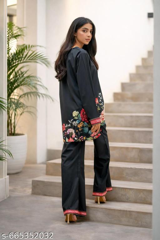 Stylish Black Floral Printed Co-Ord Set for Women | Short Kurti & Palazzo Pant Set | Trendy Casual Daily Wear Two Piece Outfit - Zeyoria