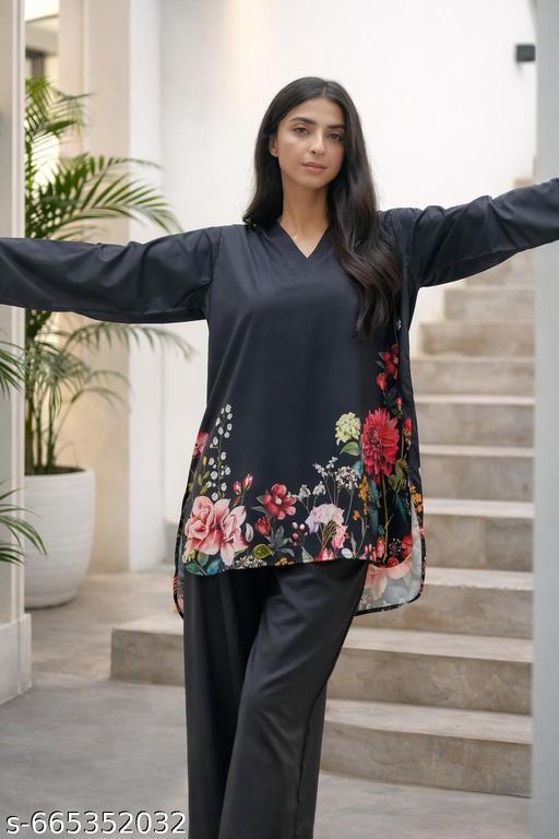 Stylish Black Floral Printed Co-Ord Set for Women | Short Kurti & Palazzo Pant Set | Trendy Casual Daily Wear Two Piece Outfit - Zeyoria
