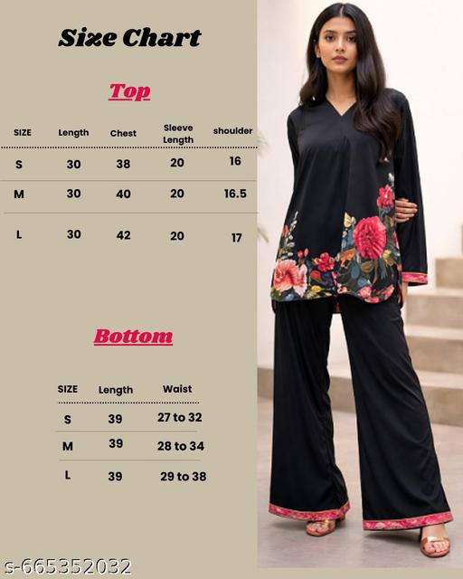 Stylish Black Floral Printed Co-Ord Set for Women | Short Kurti & Palazzo Pant Set | Trendy Casual Daily Wear Two Piece Outfit - Zeyoria