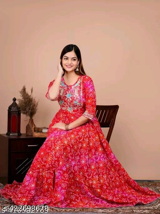 Women's Trending Embroidery Work Bandhani Anarkali Kurti  - amamestyle